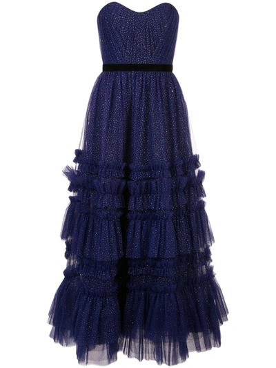 Marchesa Notte Women's Glitter Tulle Strapless Tea-length Gown In Blue