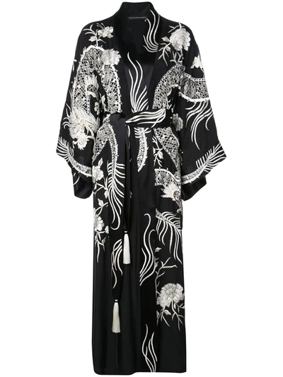 Josie Natori Couture Embroidered Dragon Robe Dress In Black