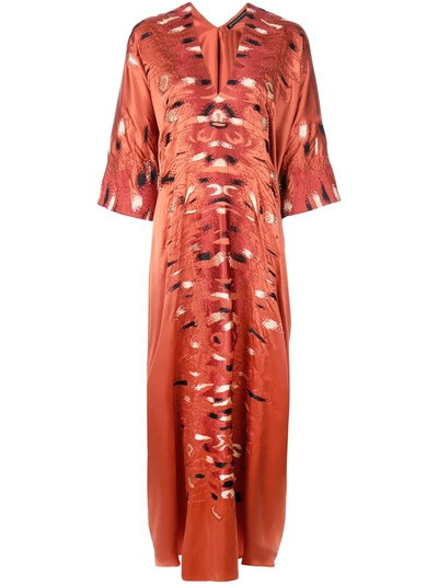 Josie Natori Couture Embroidered Satin Kaftan In Orange
