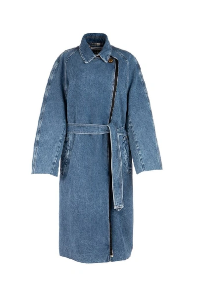 Balenciaga Double Breasted Denim Trench Coat In Blue