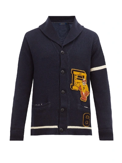 Polo Ralph Lauren Embroidered-appliqué Shawl-collar Cotton-knit Cardigan In Hunter Navy
