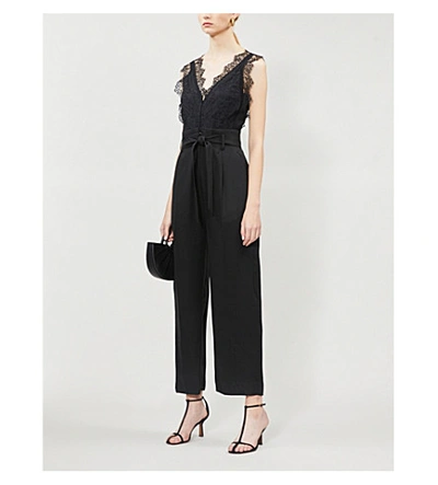 Sandro Floral Lace And Gabardine Jumpsuit In Black
