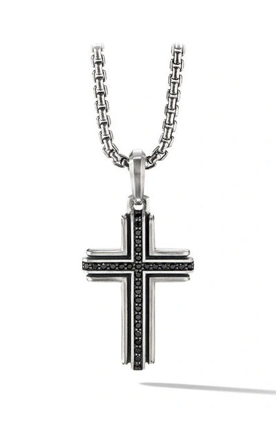 David Yurman Sterling Silver Deco Cross Pendant With Pavé Black Diamonds In Black/silver