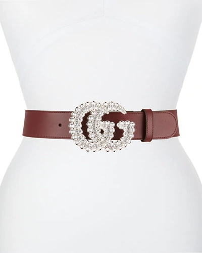 Gucci Leather Belt W/ Double G Crystal Buckle In Red