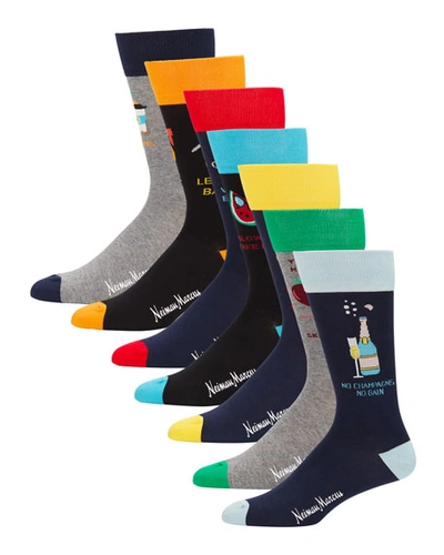 Neiman Marcus Men's 7-pack Seasonal Puns Socks In Multi