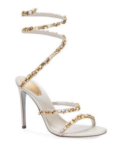 René Caovilla Stone Covered Satin Snake Sandals In Taupe