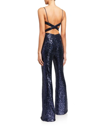 Love, Theia Sequin X-back Spaghetti-strap Jumpsuit In Navy