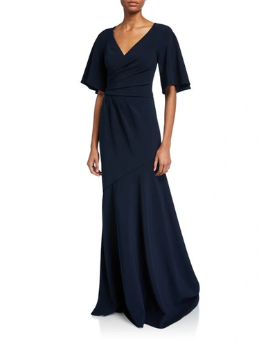 Theia Elbow-sleeve Wrap-front Stretch Crepe Gown In Navy