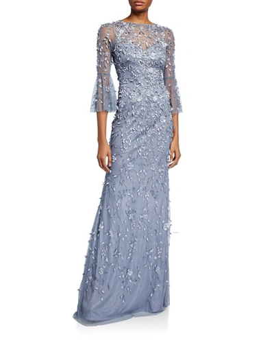 Theia Hand Beaded & Petal Applique 3/4 Bell-sleeve Column Gown In Blue