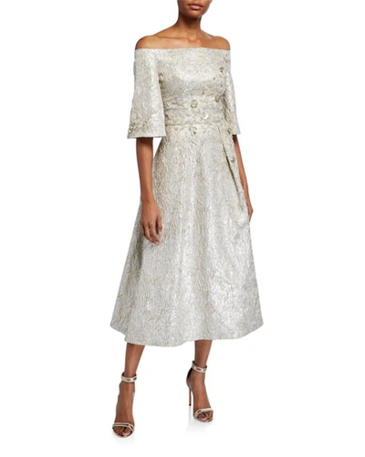 Theia Beaded Metallic Jacquard Off-the-shoulder Bell-sleeve Midi Dress In Champagne