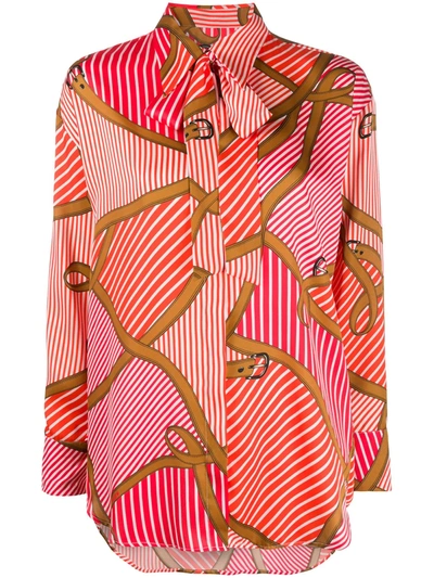 Msgm Camicia Striped Saddle-print Tie-neck Shirt In Red
