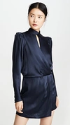 Frame Keyhole Neck Long Sleeve Hammered Silk Minidress In Navy