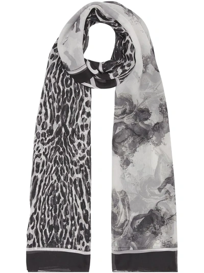 Burberry Angel & Leopard Print Silk Scarf In Black