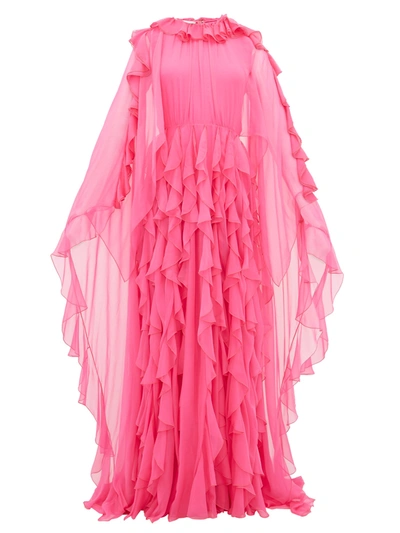 Valentino Ruffle-collar Cape-sleeve Silk-chiffon Gown In Pink