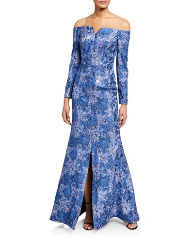 Rene Ruiz Off-the-shoulder Long-sleeve Lace Gown W/ Front Slit In Blue