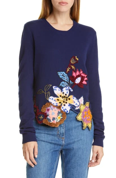 Etro Embroidered Floral Asymmetrical Hem Wool Blend Sweater In Navy