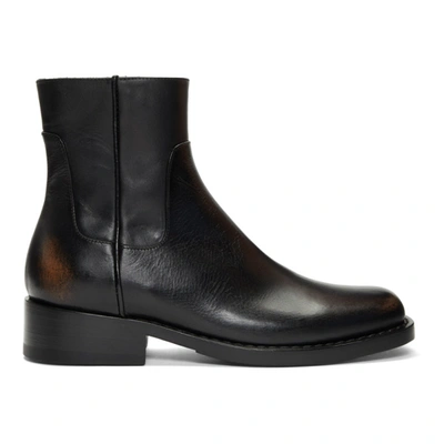 Raf Simons Distressed Square-toe Leather Boots In Black