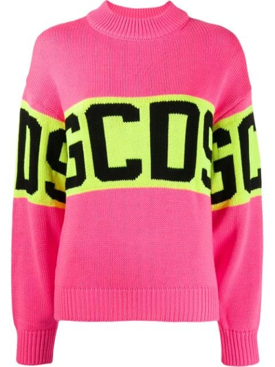 Gcds Maxi Logo Intarsia Fluo Pink Sweater