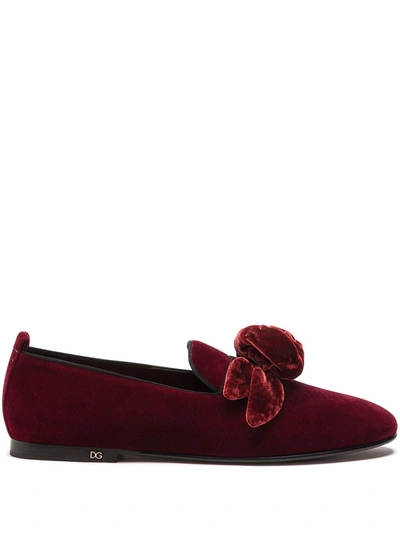 Dolce & Gabbana Rose-appliqué Velvet-effect Slippers In Red