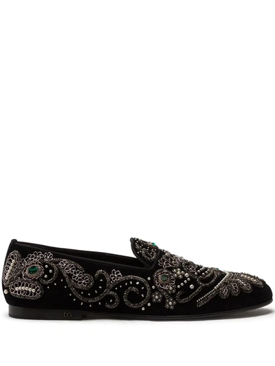 Dolce & Gabbana Velvet Slippers With Embroidery In Multicolor