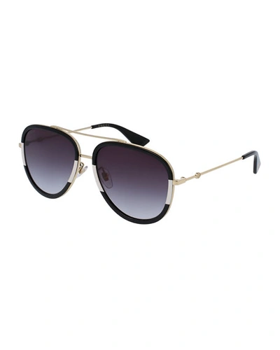 Gucci Sunglasses Gg0062s 006 Black/white Acetate And Gold Metal Aviator Women's Sunglasses
