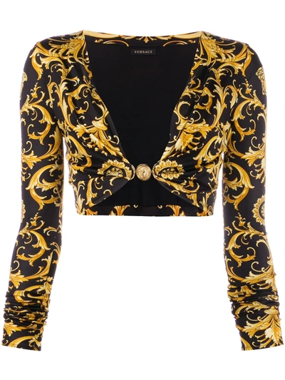 Versace Cropped Embellished Printed Satin-jersey Top In Black