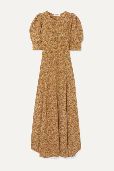 Doen Laurel Asymmetric Floral-print Silk Crepe De Chine Maxi Dress In Mustard