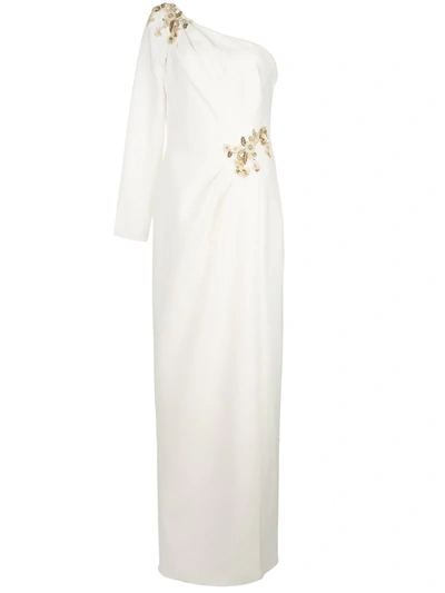 Marchesa Notte One-shoulder Embellished Stretch-cady Gown In White
