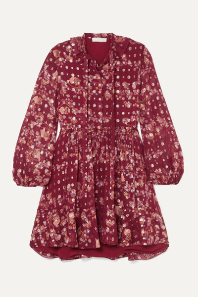 Chloé Tie-neck Ruffled Floral-print Fil Coupé Silk-chiffon Mini Dress In Burgundy