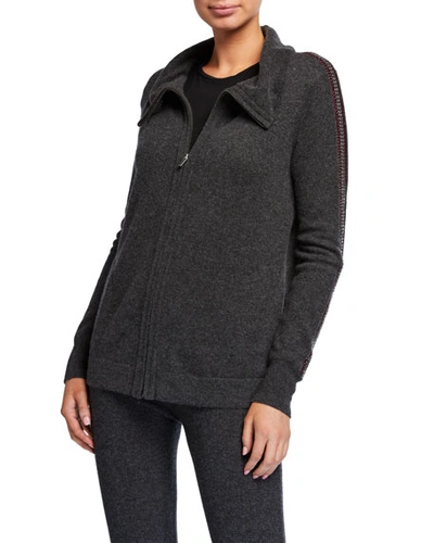 Neiman Marcus Cashmere Embroidered Stripe Zip-up Jacket In Charcoal