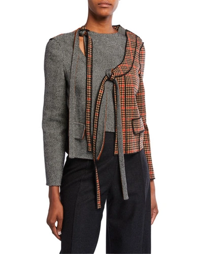 Oscar De La Renta Wool-cashmere Patchwork Tie-front Jacket In Gray Pattern