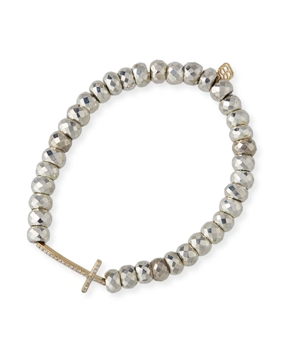 Sydney Evan 14k Diamond Cross Pyrite-bead Bracelet In Gold