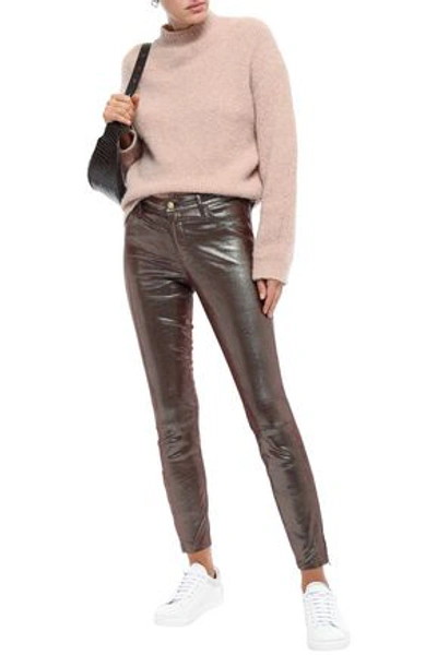 J Brand L8001 Metallic Lizard-effect Leather Skinny Pants In Merlot