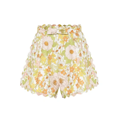 Zimmermann Super 8 Floral Scalloped Linen Shorts In Multi