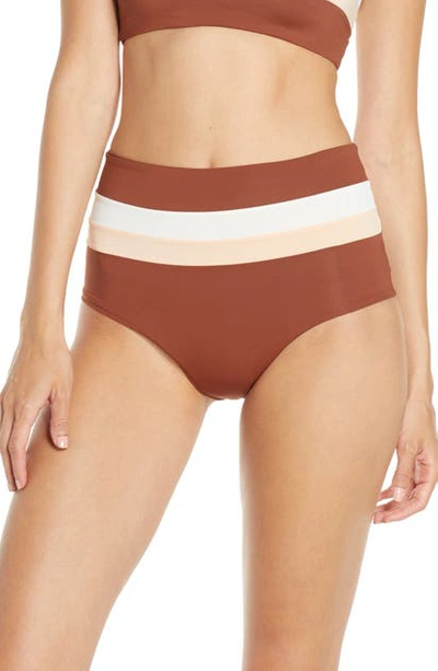 L*space Portia Reversible High Waist Stripe Bikini Bottoms In Cream/ Desert Rose/ Tobacco