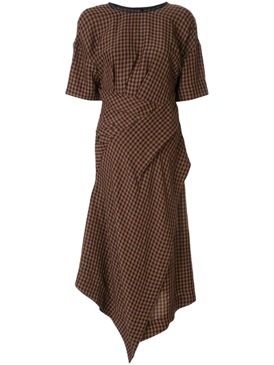 Akira Naka Asymmetric Checked Pattern Dress In Brown