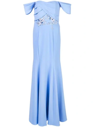 Marchesa Notte Off-the-shoulder Embellished Crepe Gown In Blue