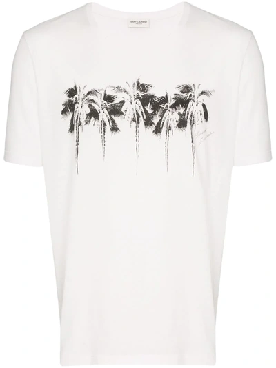 Saint Laurent Logo Palm Print Cotton Jersey T-shirt In White