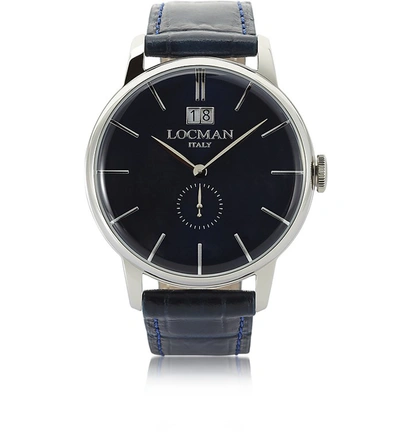 Locman Designer Men's Watches 1960 Silver Stainless Steel Men's Watch W/dark Blue Croco Embossed Leather St In Bleu