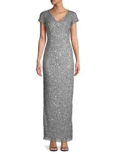 Adrianna Papell Beaded V-neck Gown In Grey