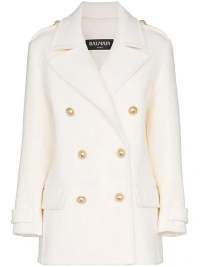 Balmain Double-breasted Wool-felt Pea Coat In White