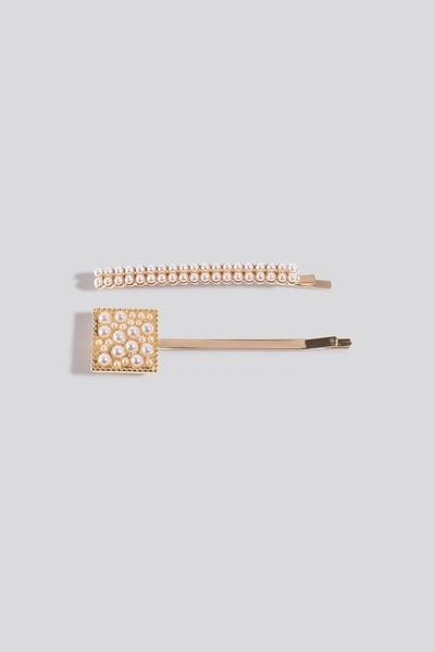 Na-kd 2-pack Square Pearl Hairclips - White,gold