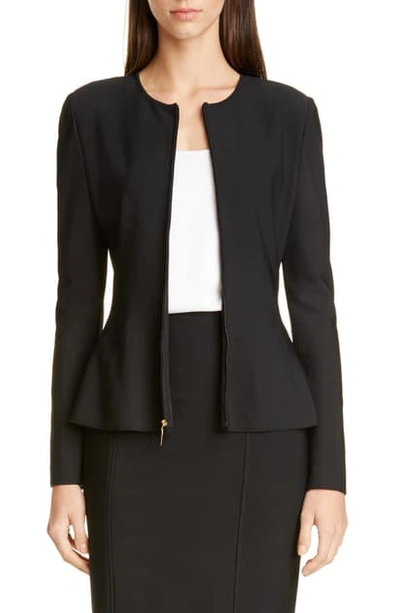 St John Zip-front Sculpted Milano Knit Fit-&-flare Peplum Jacket In Caviar