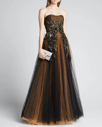 J Mendel Strapless Embroidered Gown With Marigold Underlay In Black