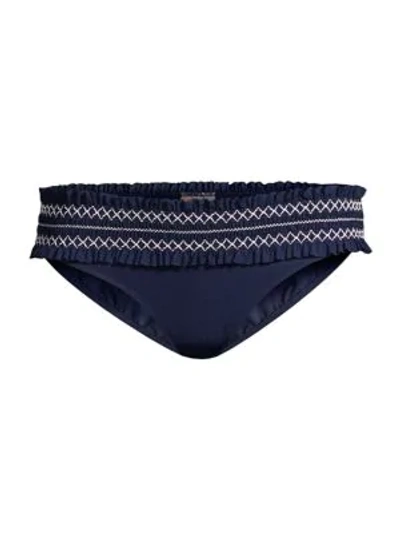 Tory Burch Costa Smocked Hipster Bikini Bottom In Tory Navy