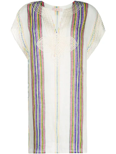 Tory Burch Striped Linen Embroidered Coverup Tunic In Beige