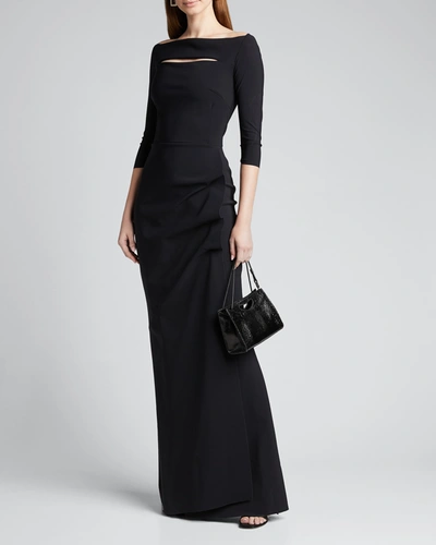 Chiara Boni La Petite Robe Kate Long-sleeve Gathered Trumpet Evening Gown In Black