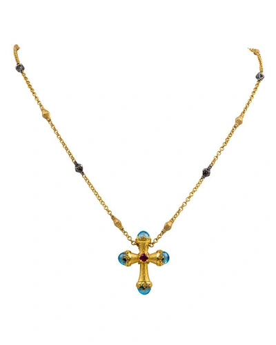 Konstantino 18k Swiss Blue Topaz Cross Necklace W/ Black Diamonds & Ruby