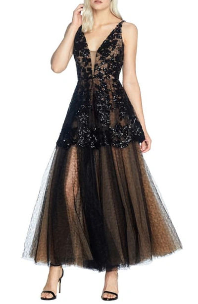 Dress The Population Rachelle Sequin Embroidered Cami Gown W/ Tulle Skirt In Black-nude