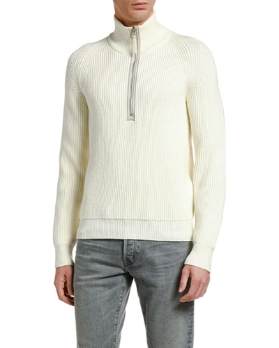 Tom Ford Men's Ribbed Half-zip Sweater In White